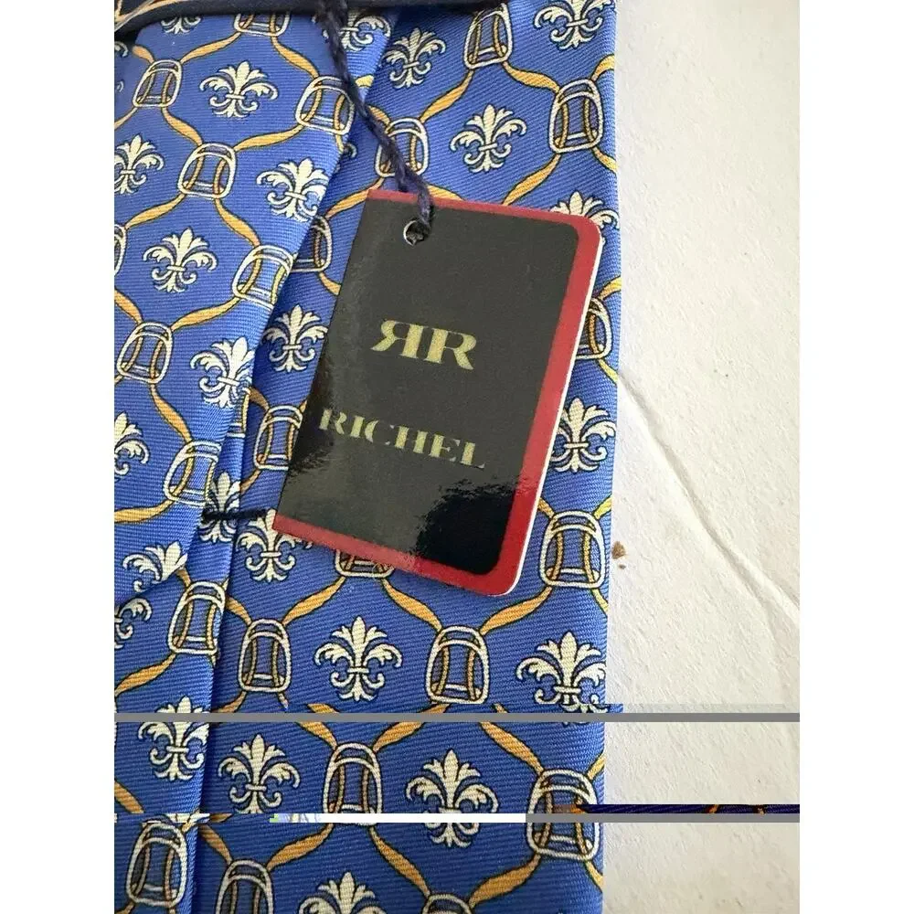 NWT Richel Blue 100% Pure Silk Hand Made In Spain Fleur De Lis Print Gold